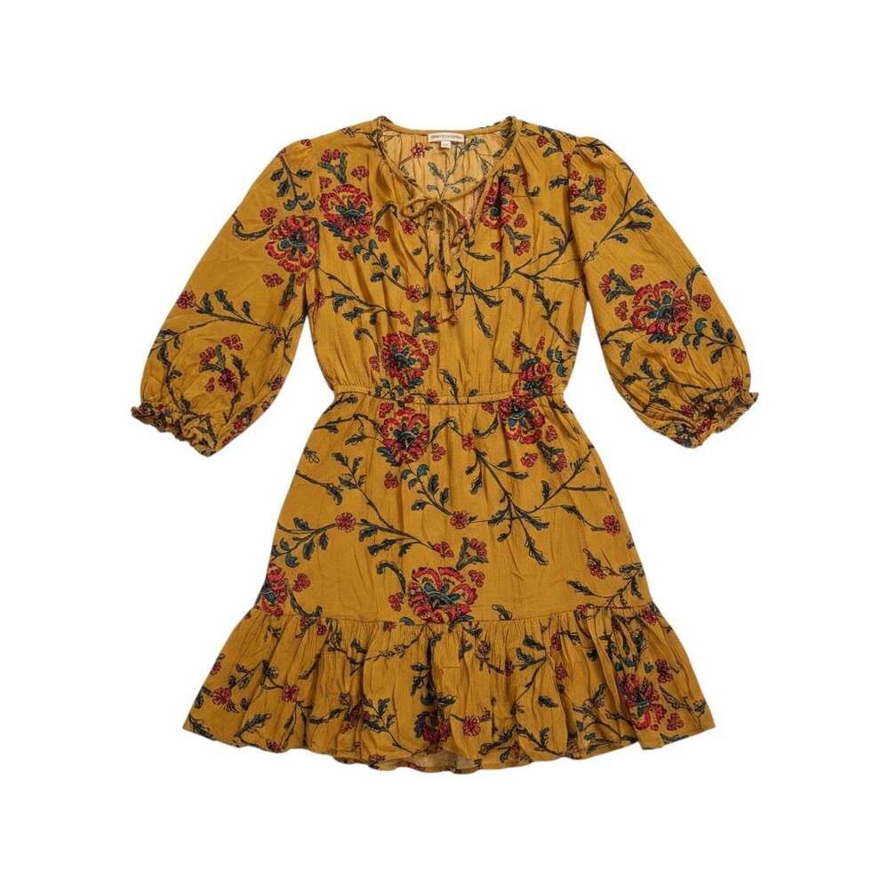 Knox Rose Golden Yellow Floral Print Long Sleeve Ruffle Hem Dress boho